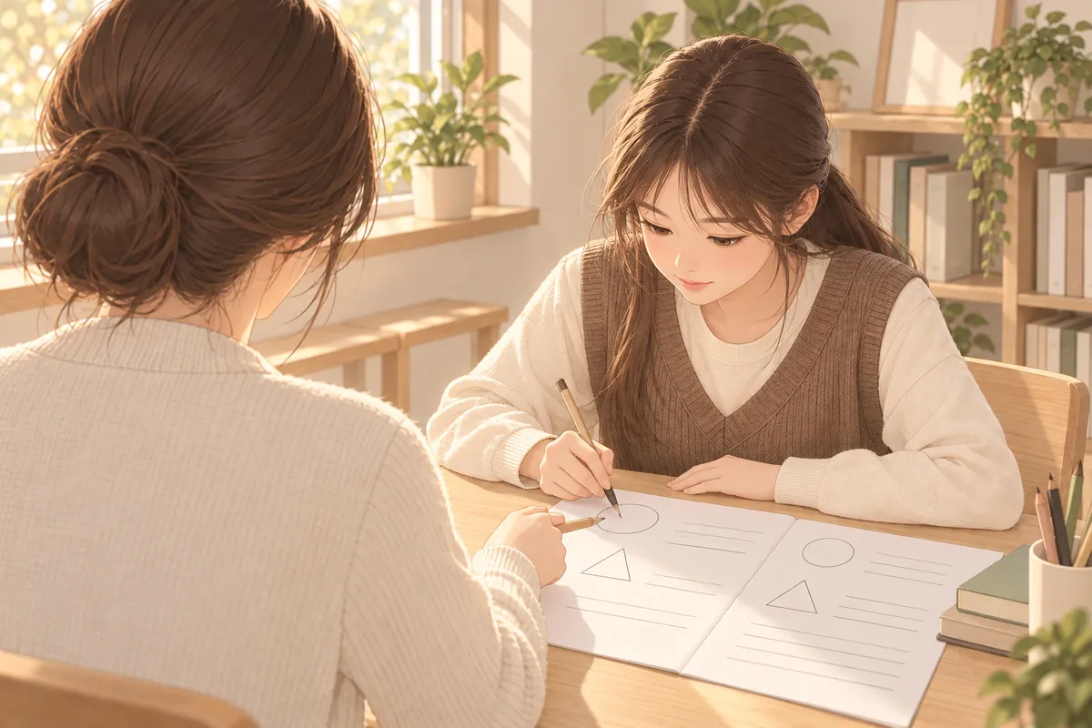Illustration of a teacher reviewing a student’s working
