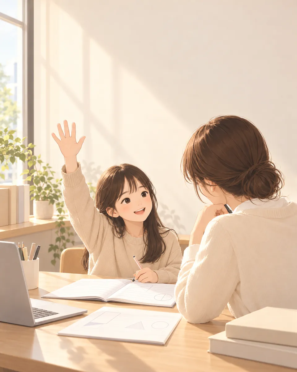 Illustration of a student raising her hand to answer