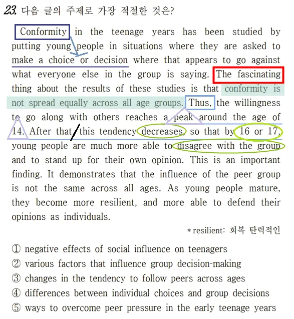 Question 23 of the March 2026 grade 10 mock exam, with key words boxed and underlined and arrows tracing the flow between sentences